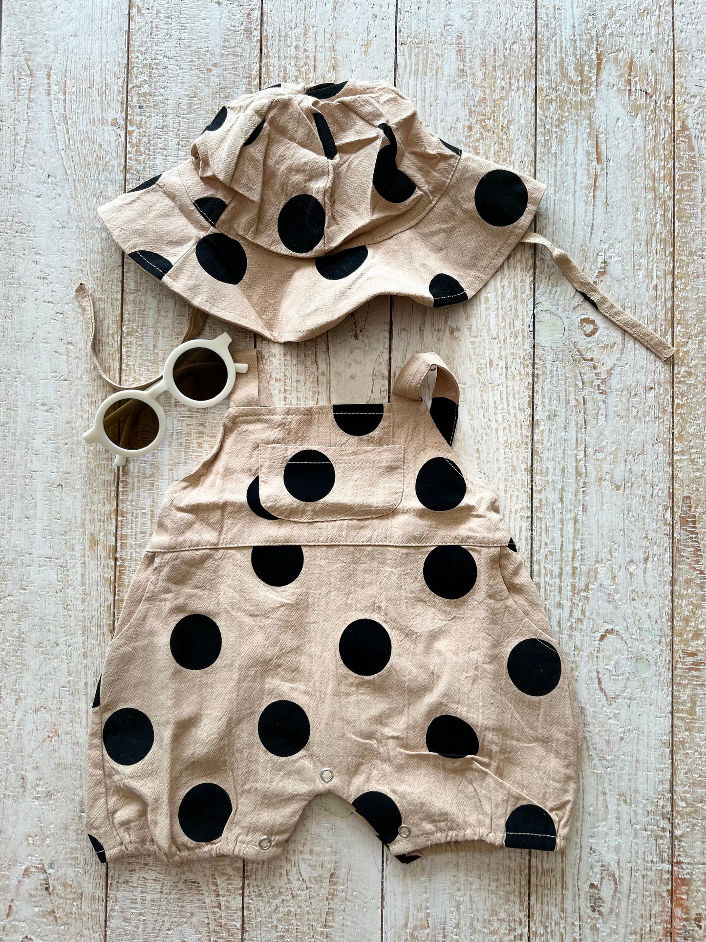 Khaki Polka Dot Romper with Sun Hat