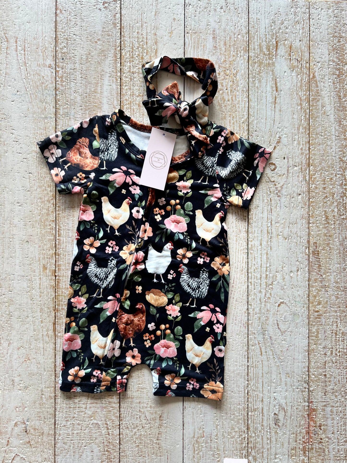 Rooster Flower Print Romper with Bow (Black)