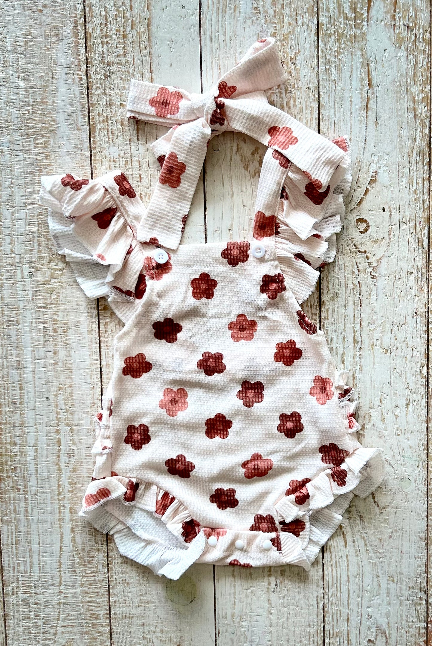 Brown Floral Ruffle Onesie with Bow